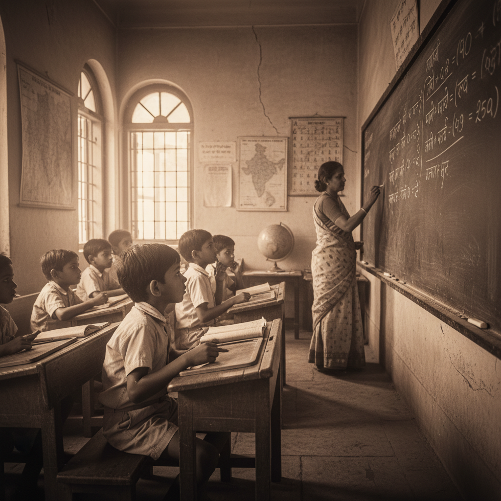 1970s Indian classroom with blackboard